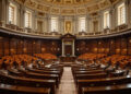 Leerer französischer Senat mit hölzernen Bänken und Tageslicht