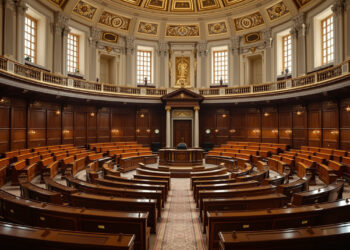 Leerer französischer Senat mit hölzernen Bänken und Tageslicht
