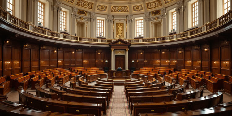 Leerer französischer Senat mit hölzernen Bänken und Tageslicht