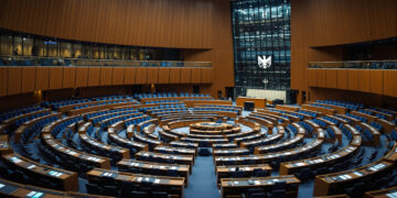 Leerer Plenarsaal des Deutschen Bundestages mit halbkreisförmiger Sitzanordnung
