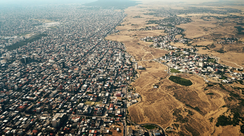 Luftaufnahme der Hauptstadtregion Santiago mit Stadt-Land-Kontrast