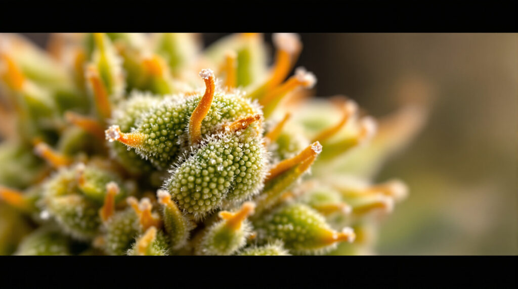 Nahaufnahme einer Cannabis-Blüte mit sichtbaren Trichomen
