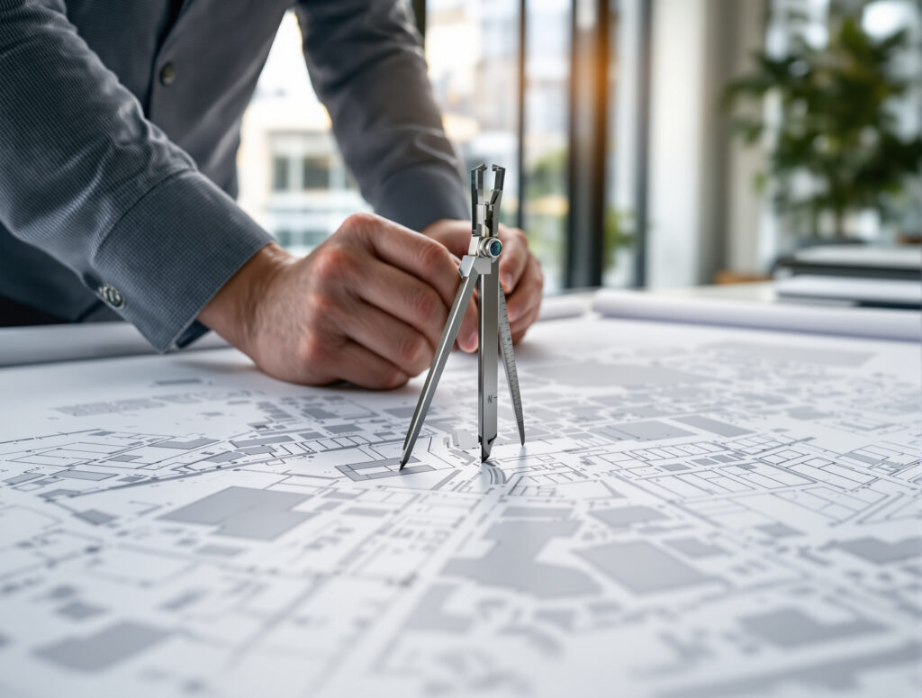 Stadtplanung mit Zirkel und Grundrissplan