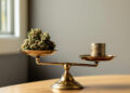 Waage mit Cannabisblüten und Münzen symbolisiert Besteuerungsfrage