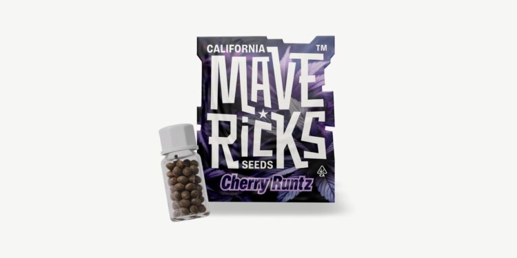 Verpackung der Sorte Cherry Runtz von Mavericks Genetics neben einem Glasfläschchen mit Cannabissamen