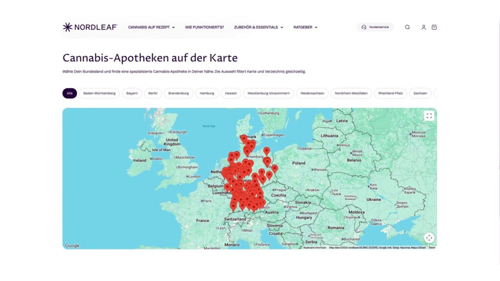 Kartenansicht mit Cannabis-Apotheken in Deutschland, nach Bundesland filterbar