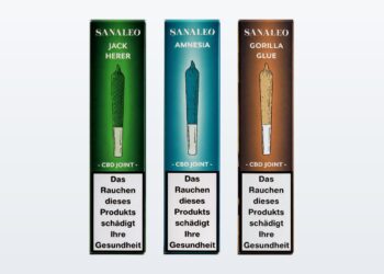 Drei Packungen Sanaleo CBD Joints mit Steuerbanderole und vollstaendigem Warnhinweis