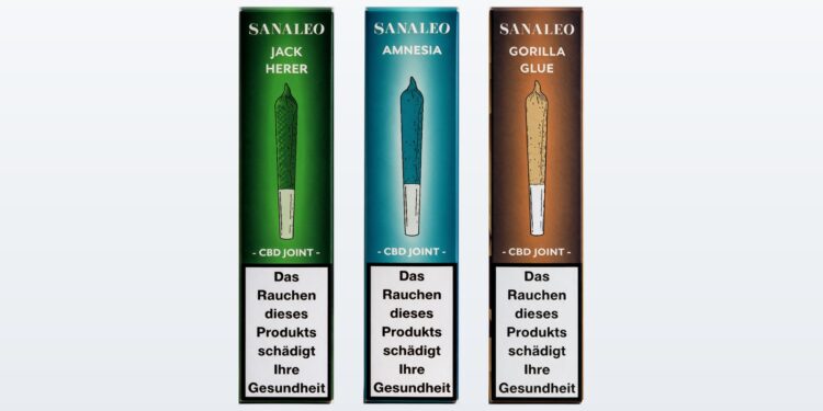 Drei Packungen Sanaleo CBD Joints mit Steuerbanderole und vollstaendigem Warnhinweis