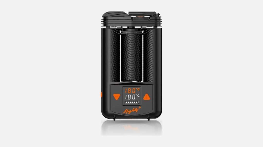 Der Vaporizer Storz und Bickel Mighty+ mit Display vor hellem Hintergrund