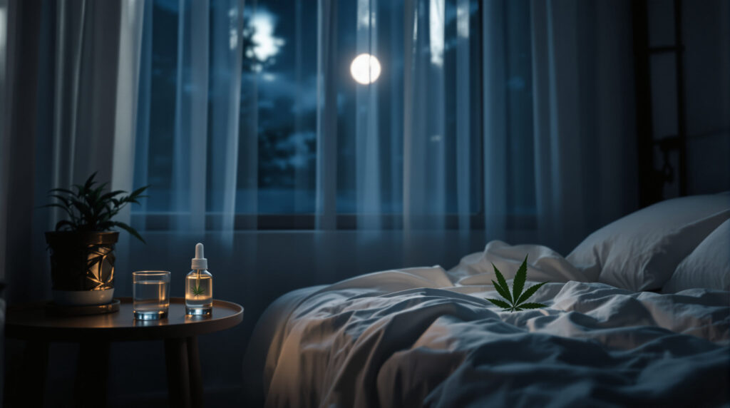 Nächtliche Schlafzimmerszene mit Cannabisblatt auf Nachttisch neben Tropfflasche